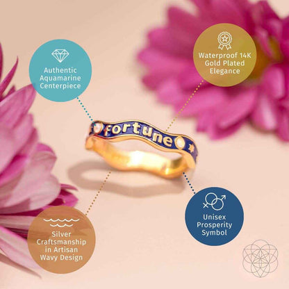 Prosperity fortune ring, gold band with blue enamel and 'Fortune' lettering