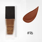 Liquid foundation bottle with deep warm-brown matte shade #16 and swatch