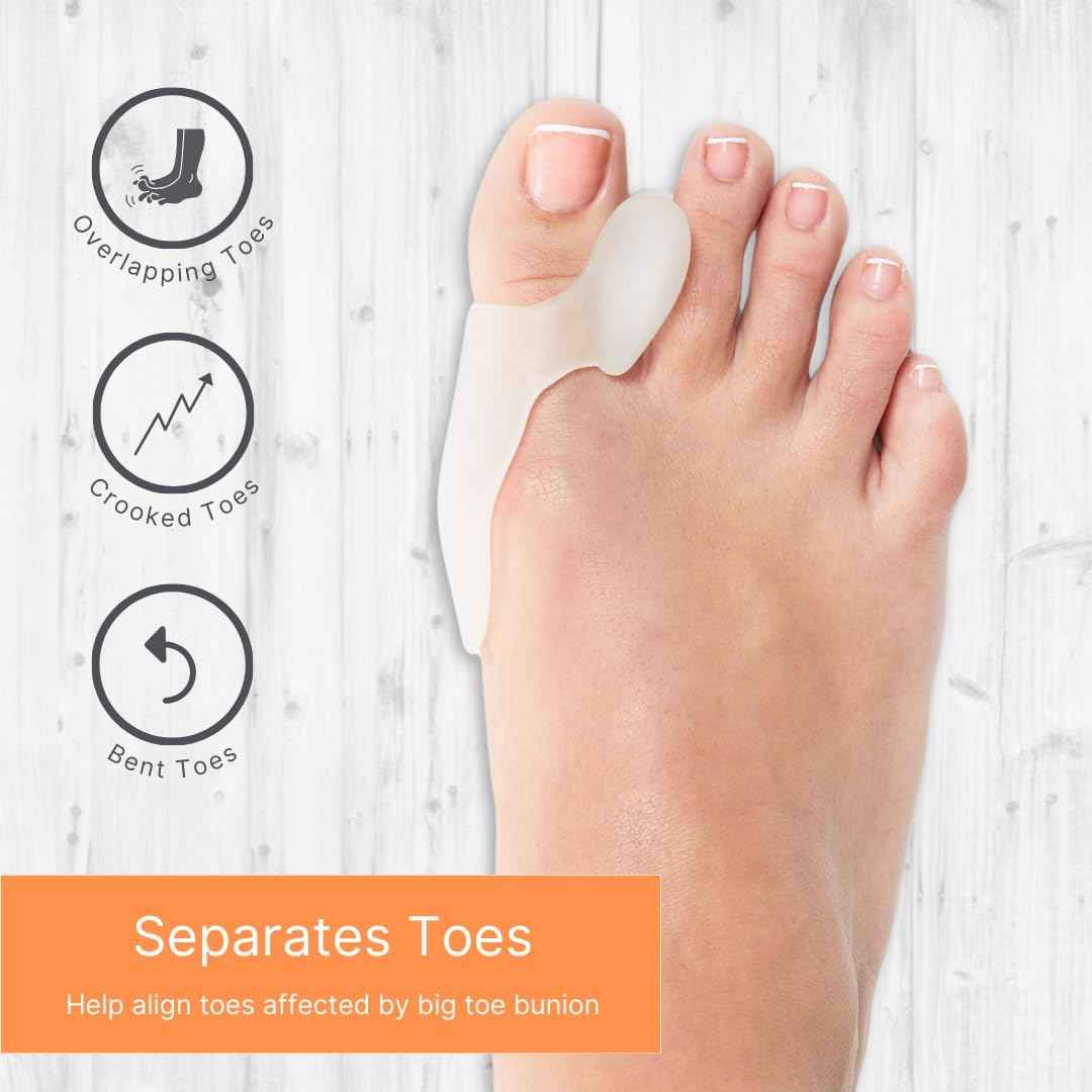 Bunion protector gel spacer separating toes on the foot with two clear pads