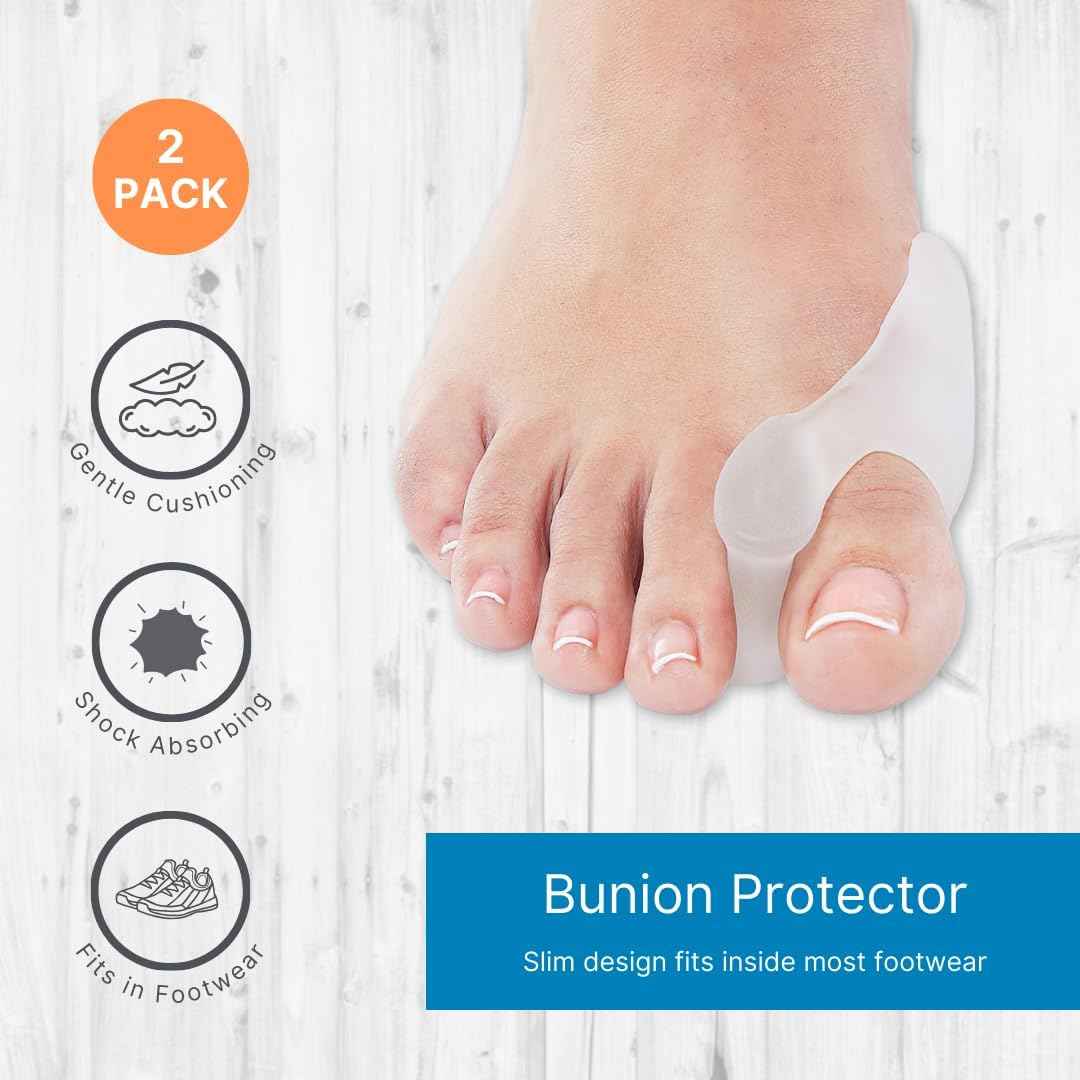 Bunion protector gel spacer, 2-pack with clear pads on toes for cushioning