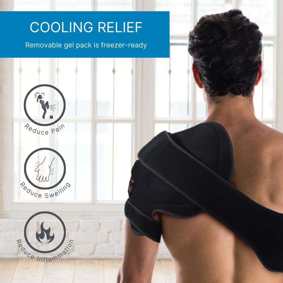 Black shoulder compression brace with removable gel pack pad for cooling relief