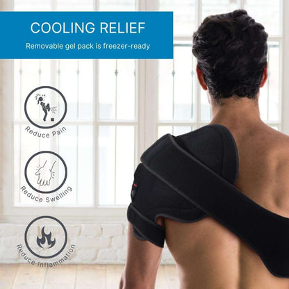 Black shoulder compression brace with removable gel pack pad for cooling relief