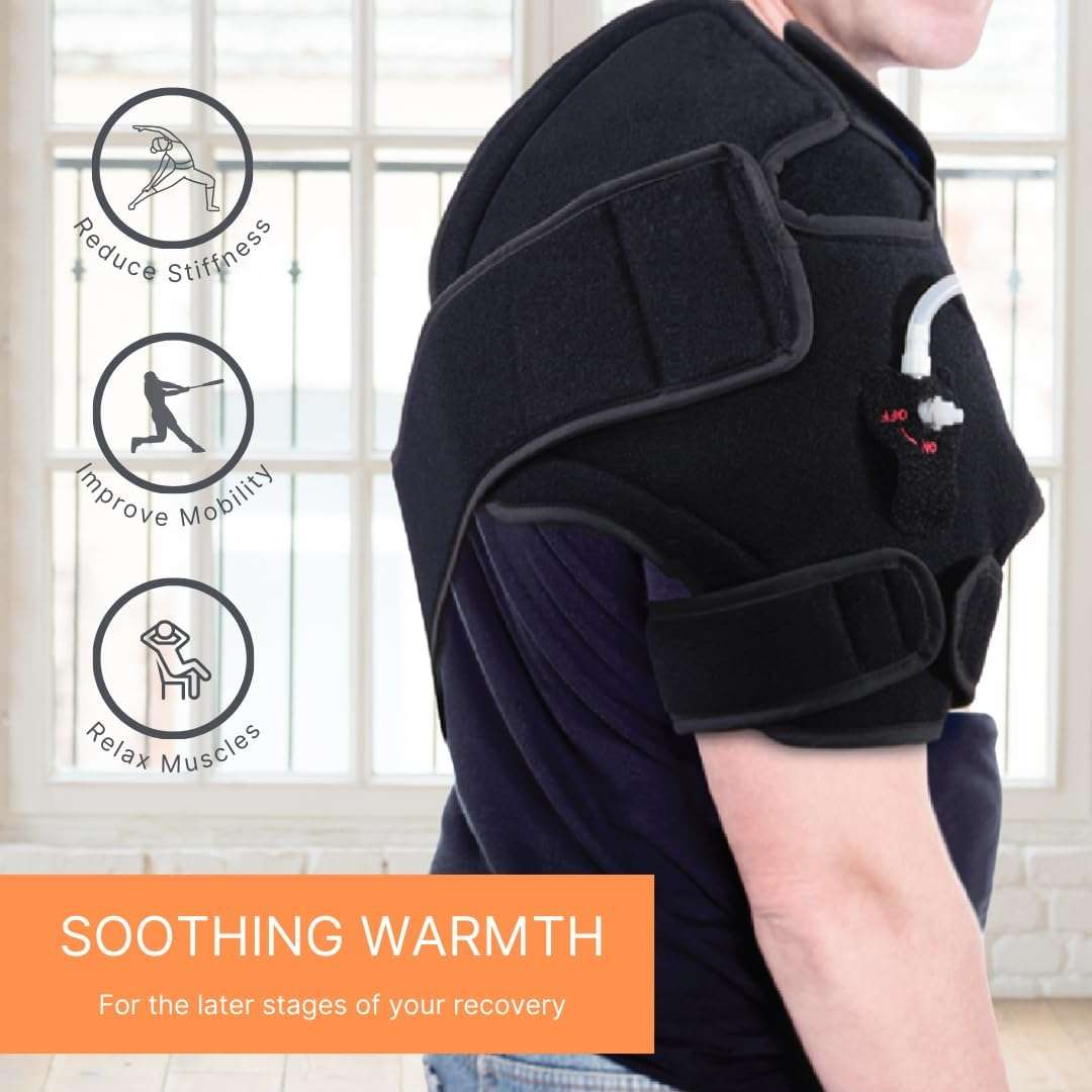 Black shoulder brace with cushioned side panels and adjustable compression straps