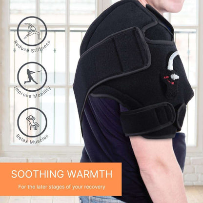Black shoulder brace with cushioned side panels and adjustable compression straps