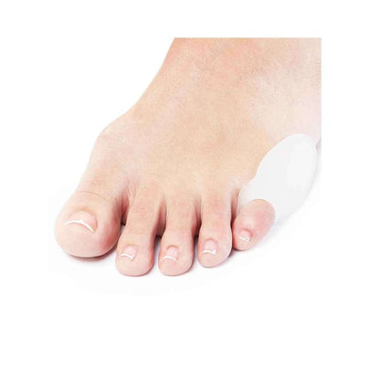 Pinky toe gel bunion guard on front of foot, translucent cushioning pad