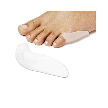 Clear gel toe guard placed between the toes, covers bunion area