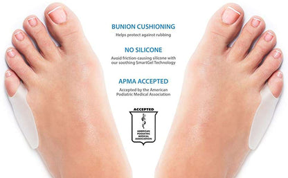Gel toe bunion guards on both feet, soft translucent sleeves