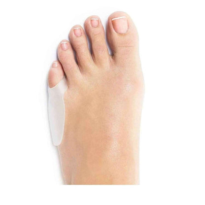 Pinky toe gel bunion guard covering the outer toe, soft translucent gel