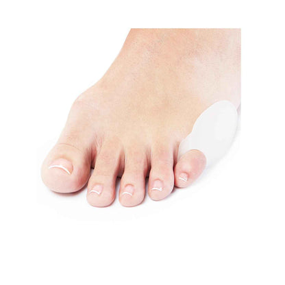 Gel toe bunion guard pad on pinky toe, covering the side of the foot