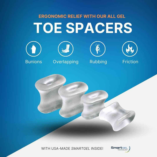 Set of white gel toe spacers shown in a row