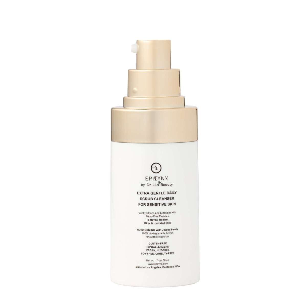 EpiLynx scrub cleanser bottle back with ingredient text and gold cap