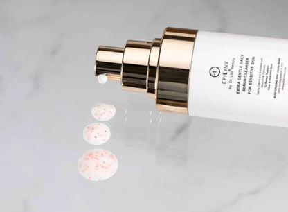 EpiLynx gentle exfoliating face scrub bottle with gold pump and white label
