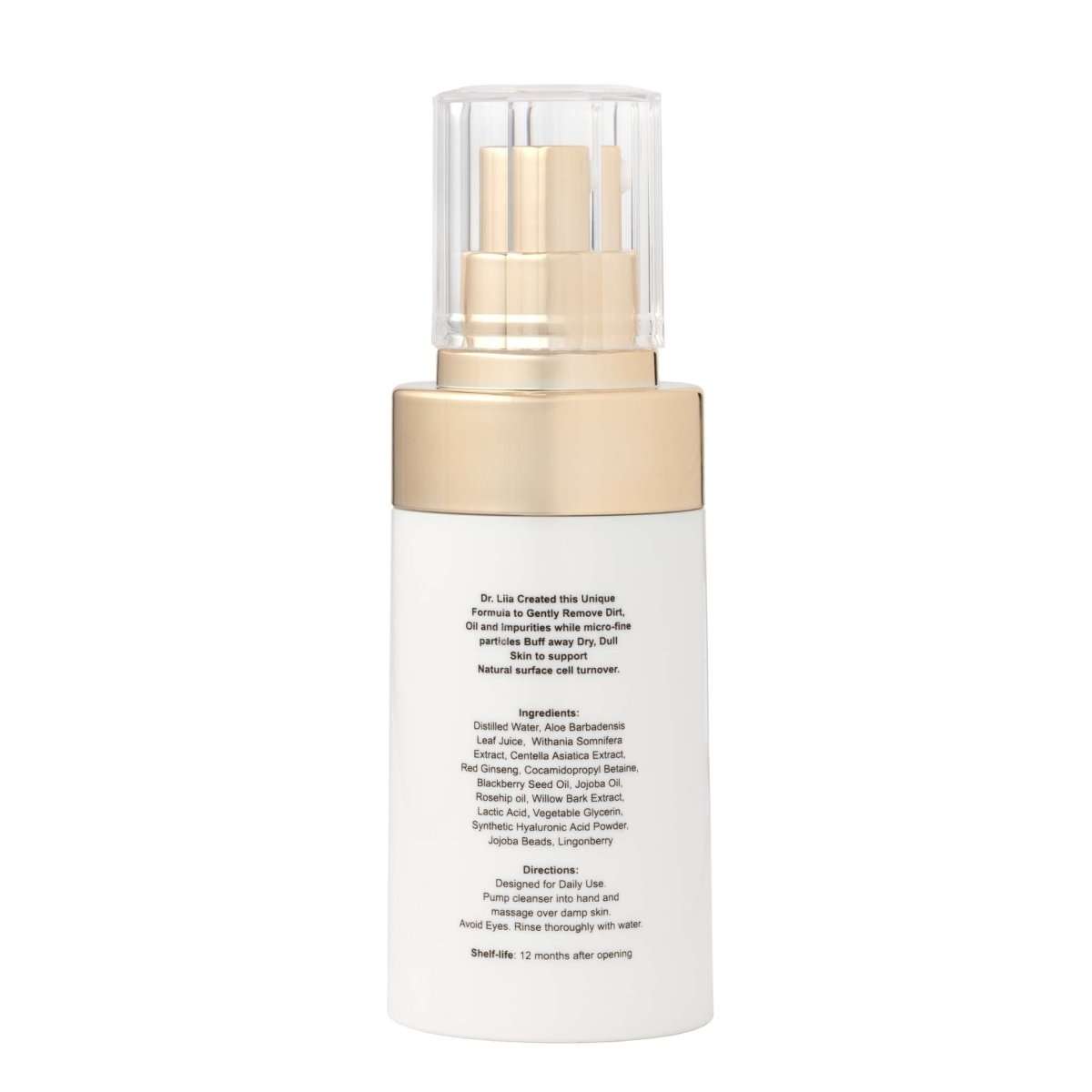EpiLynx scrub cleanser bottle back view with gold pump and white ingredient label