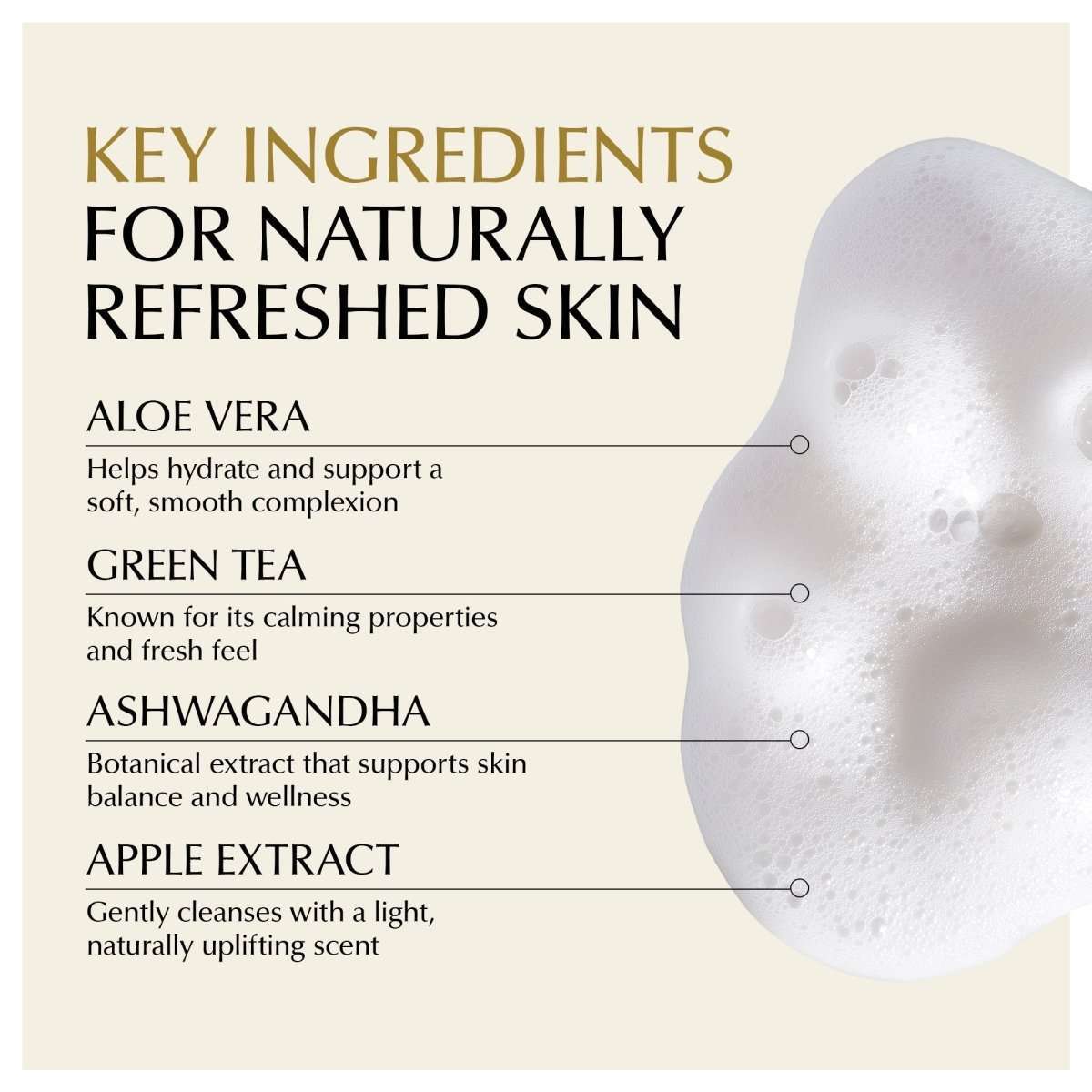 Foaming facial cleanser key ingredients infographic with foam graphic