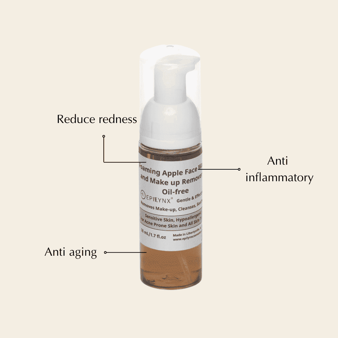 Facial cleanser bottle with white pump and amber liquid, full front view