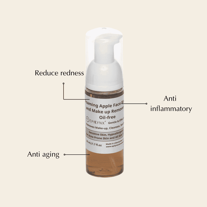 Facial cleanser bottle with white pump and amber liquid, full front view
