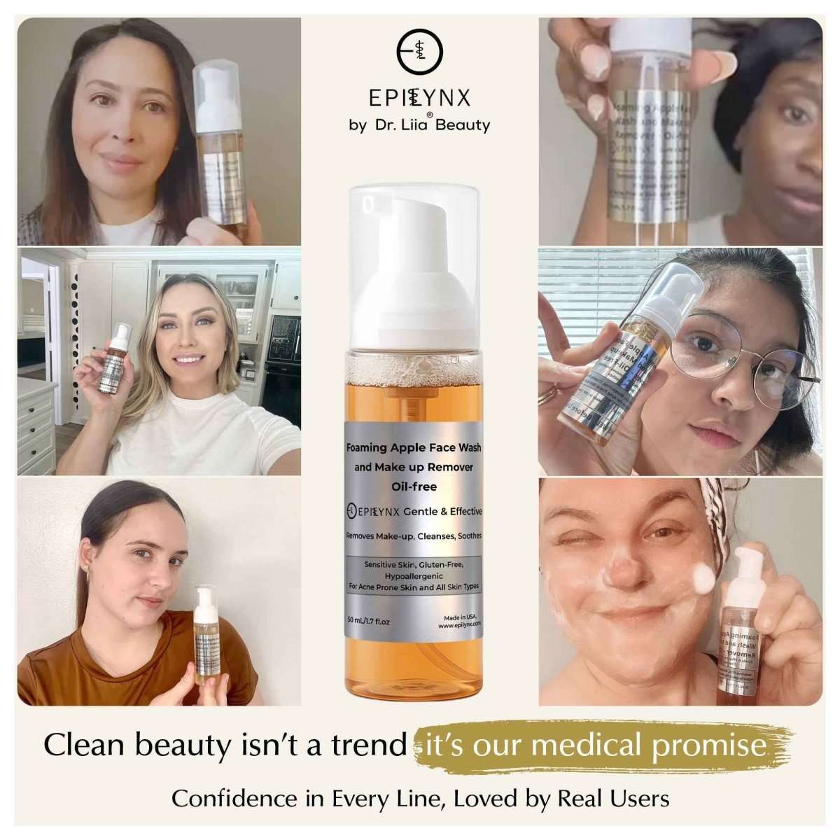 Foaming facial cleanser bottle with collage of users applying