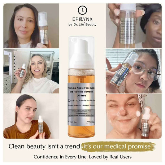 Foaming facial cleanser bottle with collage of users applying