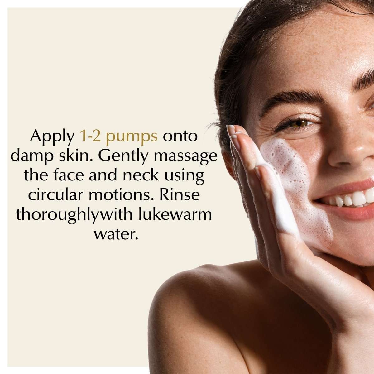 Facial cleanser foam on face with instructions layout