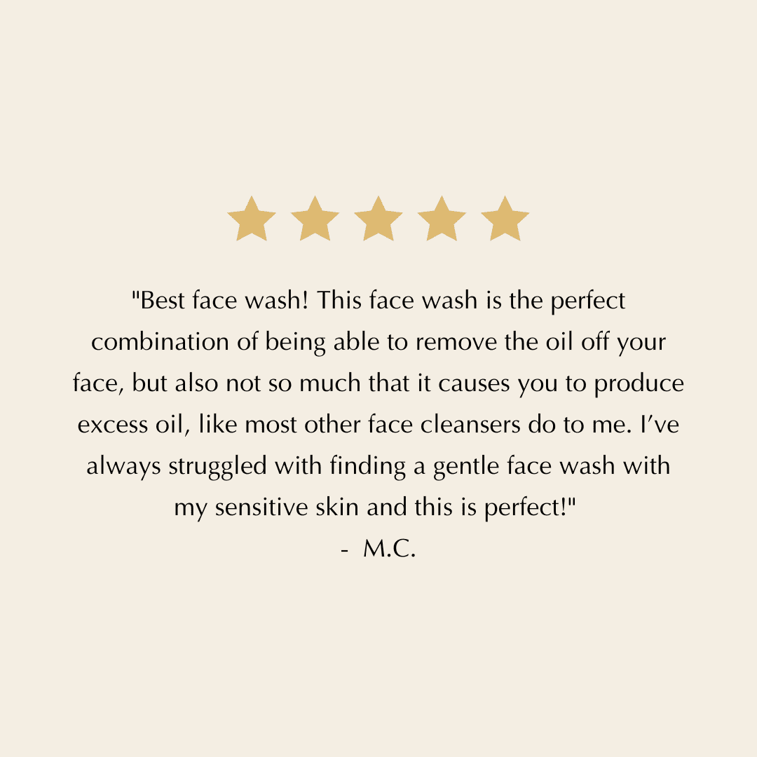 Facial cleanser customer review card with five stars