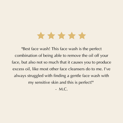 Facial cleanser customer review card with five stars