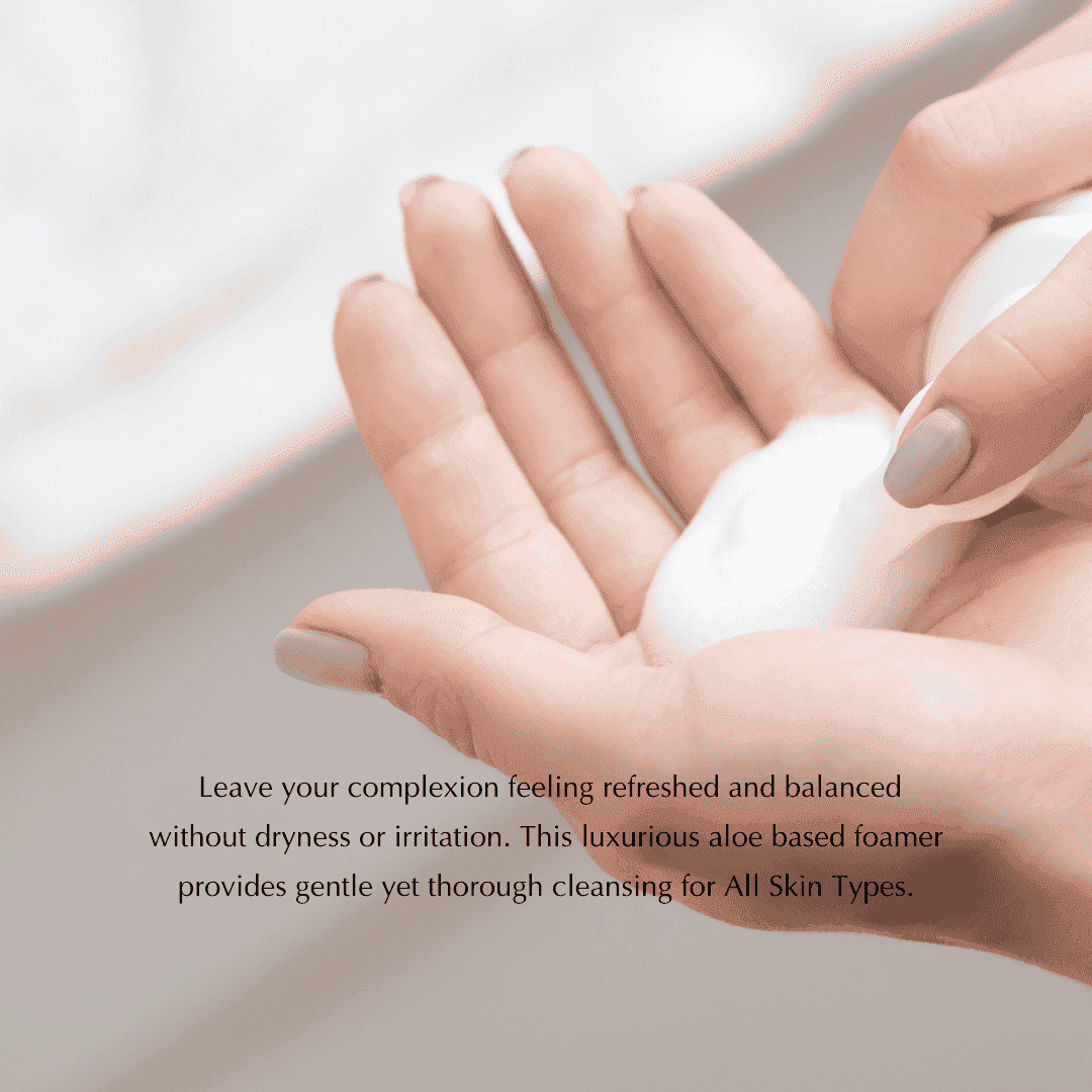 White foam on palm with hands and fingertips applying facial cleanser