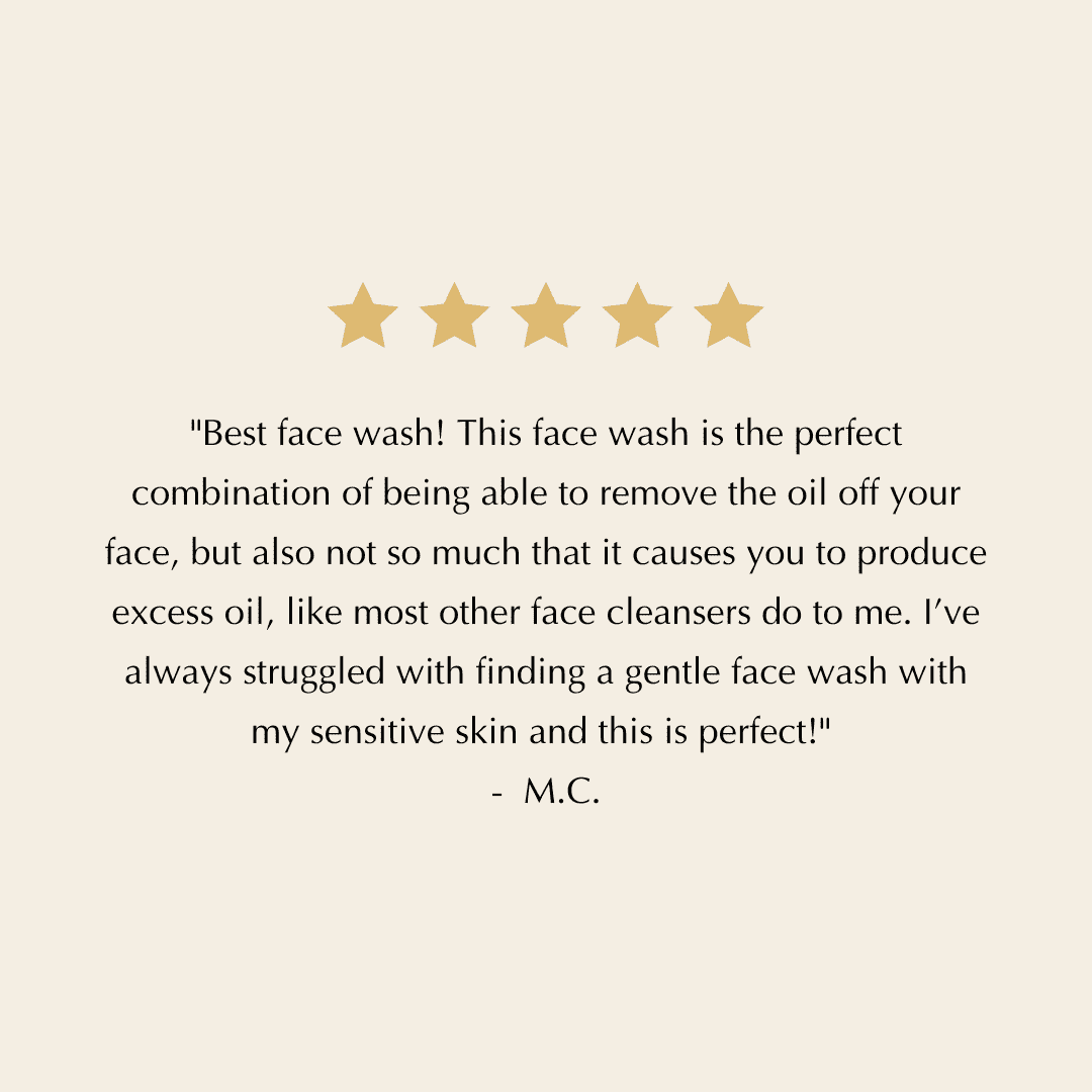 Facial cleanser customer review card with five stars