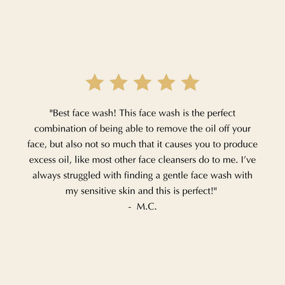 Facial cleanser customer review card with five stars