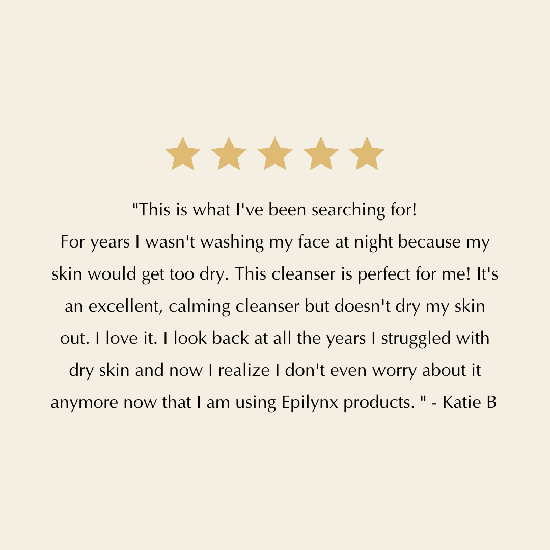 Facial cleanser customer review text with five star rating.