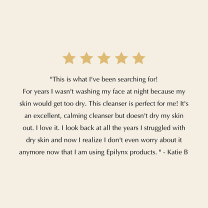 Facial cleanser customer review text with five star rating.