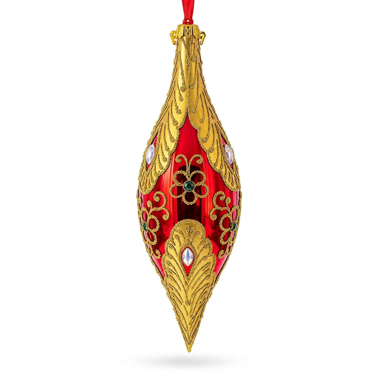 Gilded Petal & Pearl Elongated Pointed Teardrop Finial Glass Christmas Ornament BestPysanky Default Title Default Title-