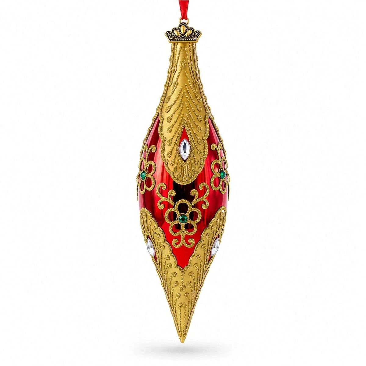 Gilded Petal & Pearl Elongated Pointed Teardrop Finial Glass Christmas Ornament BestPysanky Default Title Default Title-