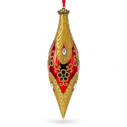 Gilded Petal & Pearl Elongated Pointed Teardrop Finial Glass Christmas Ornament BestPysanky Default Title Default Title-