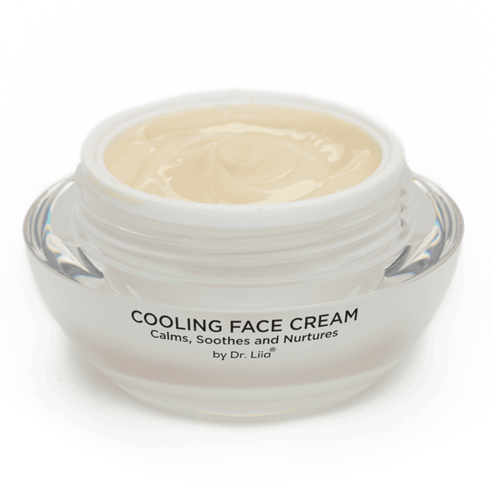 Cooling face cream jar with open lid, showing pale beige cream
