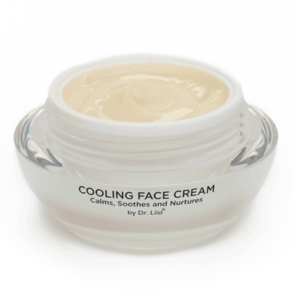 Cooling face cream jar with open lid, showing pale beige cream