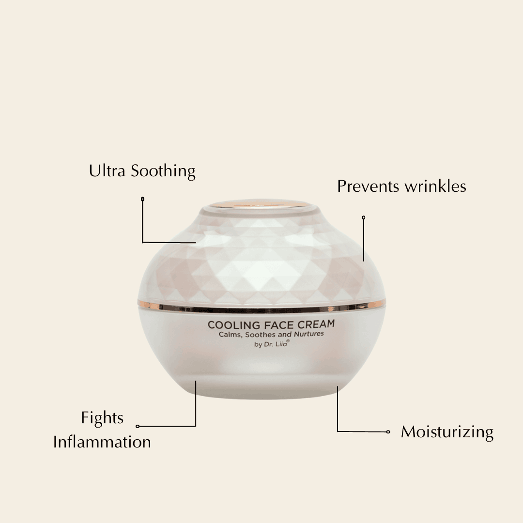 Faceted white cooling face cream jar shown with labeled benefits arrows