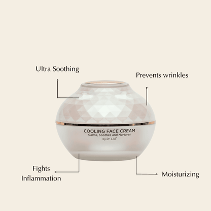 Faceted white cooling face cream jar shown with labeled benefits arrows