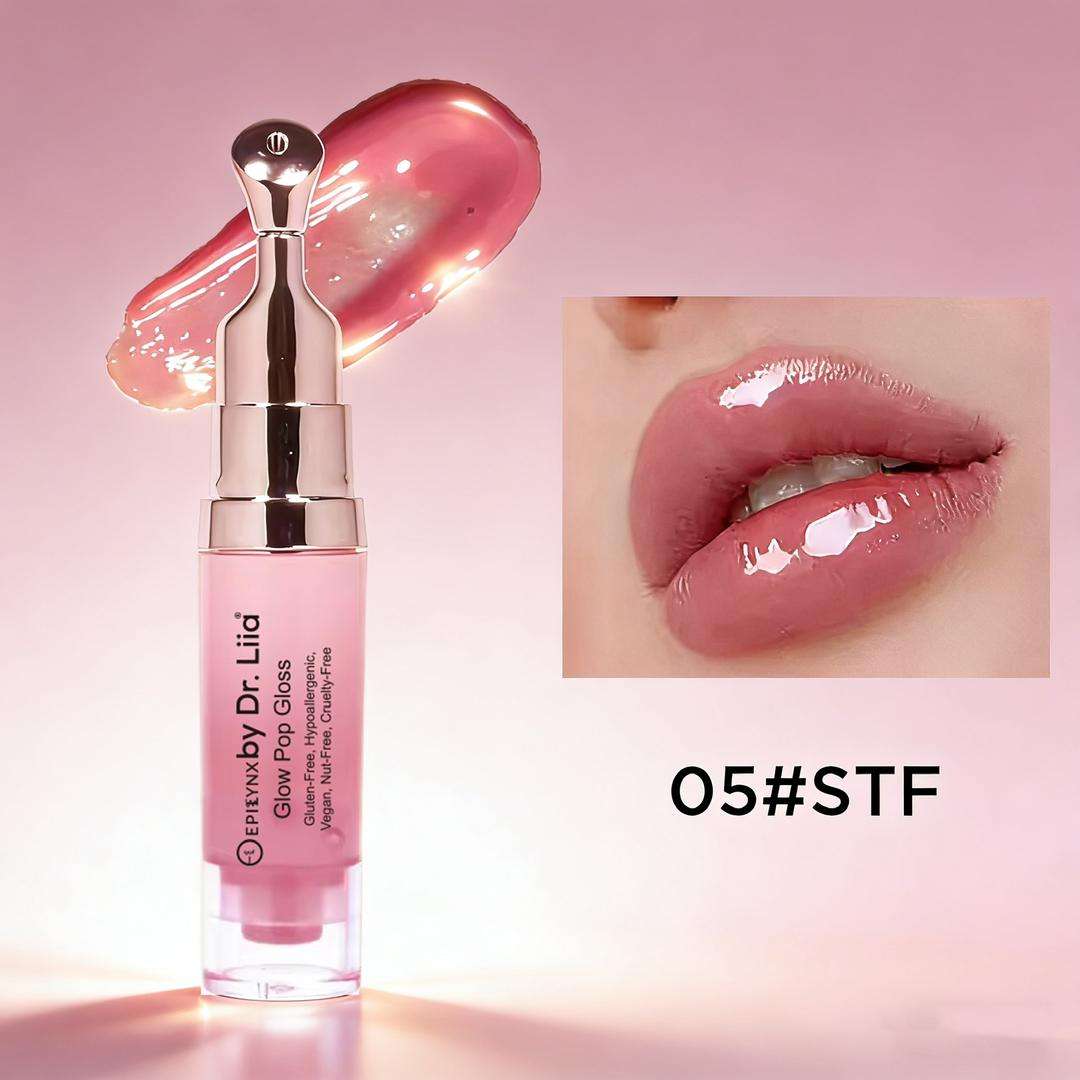Pink lip gloss and lip treatment bottle with glossy bright pink-red lips shown