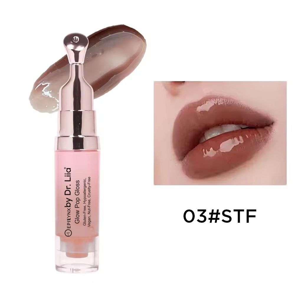 Color-shifting lip gloss and lip treatment bottle with mauve-brown shade and lip swatch