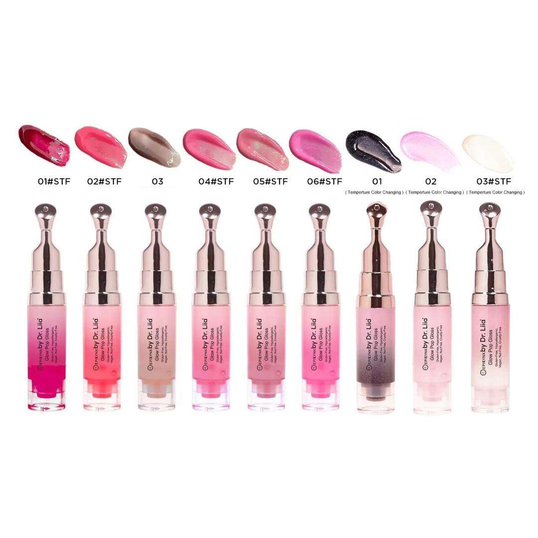 Glow Pop gloss & lip treatment color lineup of lip gloss tubes