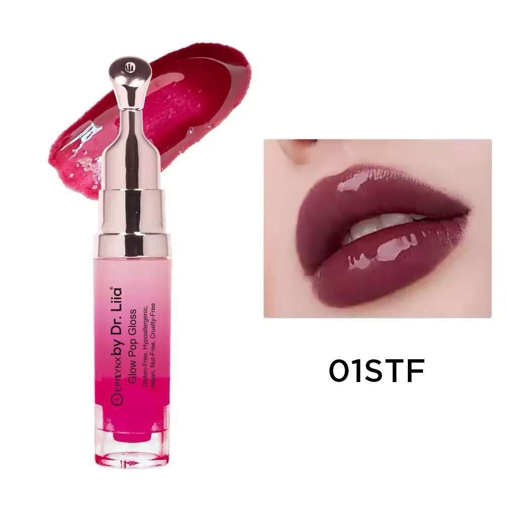 Color-shifting lip gloss and lip treatment bottle with deep red shade and lip swatch