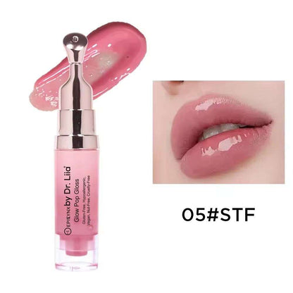 Glow Pop gloss & lip treatment with glossy pink shade on applicator and lips