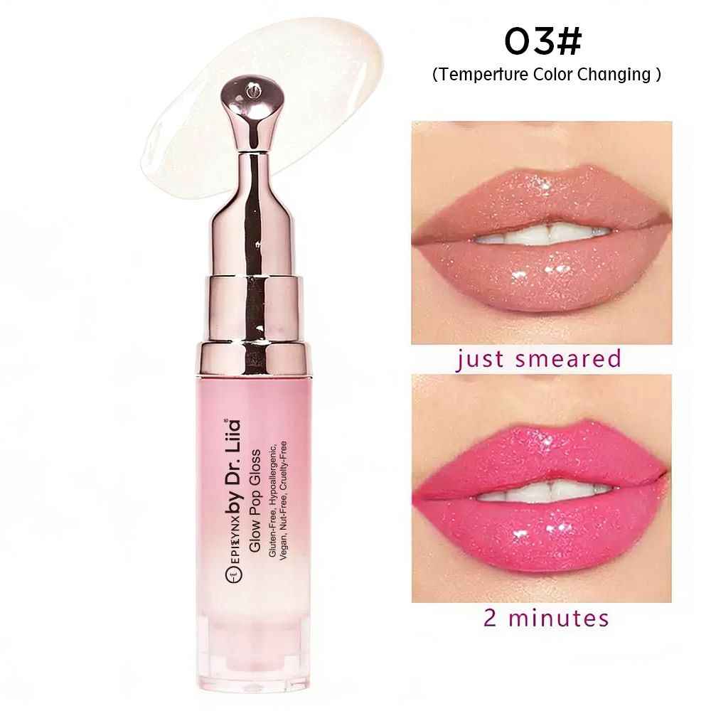 Color-shifting lip gloss and lip treatment bottle with pink gel and two lip swatches