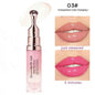 Color-shifting lip gloss and lip treatment bottle with pink gel and two lip swatches