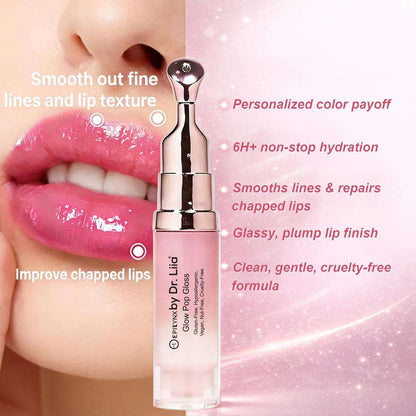 Glow Pop gloss & lip treatment tube with glossy pink lips and swirls