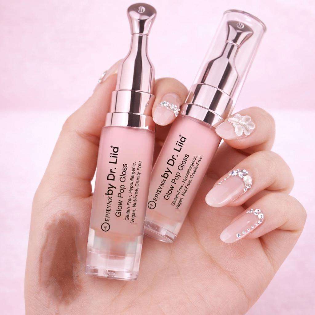 Pink-tinted lip gloss and lip treatment in clear tubes, two bottles held in hand