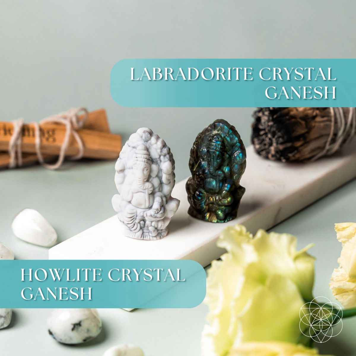 Crystal Ganesh statue set with white howlite and dark blue labradorite figures