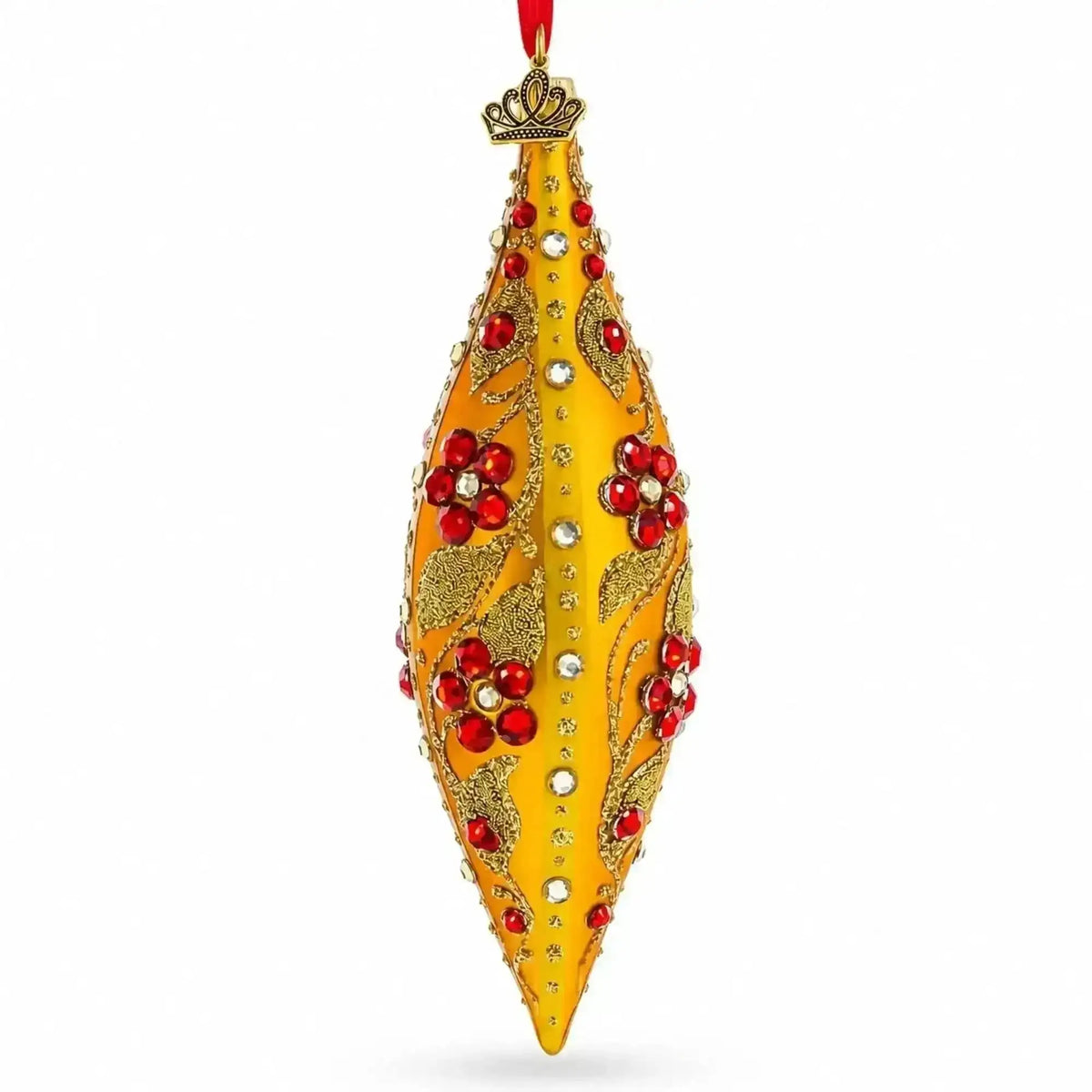 Gold and Red Floral Jeweled Elongated Pointed Teardrop Finial Glass Christmas Ornament Cartsfy Inc.