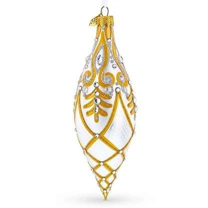 Gold & White Baroque-Style Gem-Encrusted Elongated Pointed Teardrop Finial Glass Christmas Ornament Cartsfy Inc.