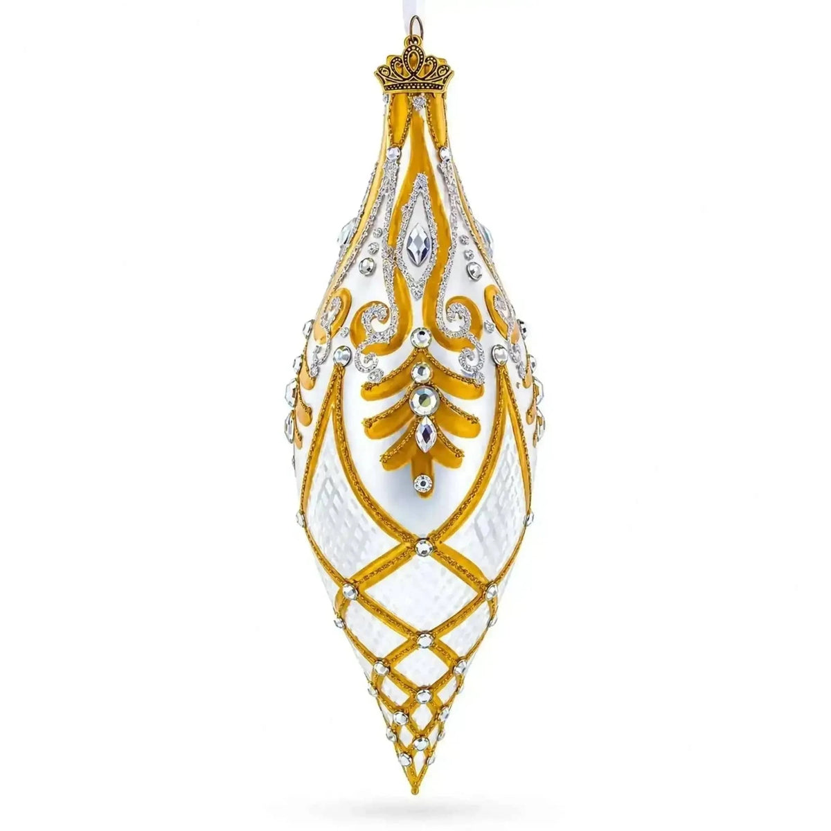 Gold & White Baroque-Style Gem-Encrusted Elongated Pointed Teardrop Finial Glass Christmas Ornament Cartsfy Inc.